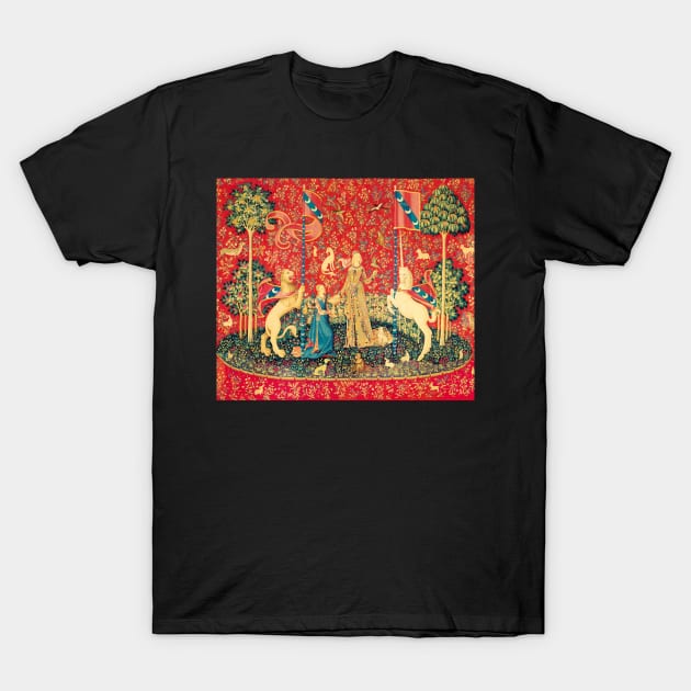 LADY AND UNICORN Taste, Red Green Fantasy Flowers,Animals T-Shirt by BulganLumini